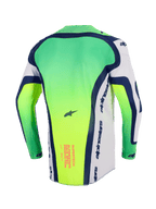 Alpinestars 2026 Supertech Vista trøje, motocross-trøje, neongrøn, hvid og navyblå, set bagfra med forlænget rygstykke, laserskårne perforeringer i siderne, lyserød tekstgrafik nederst på ryggen, professionelt letvægts-racerudstyr