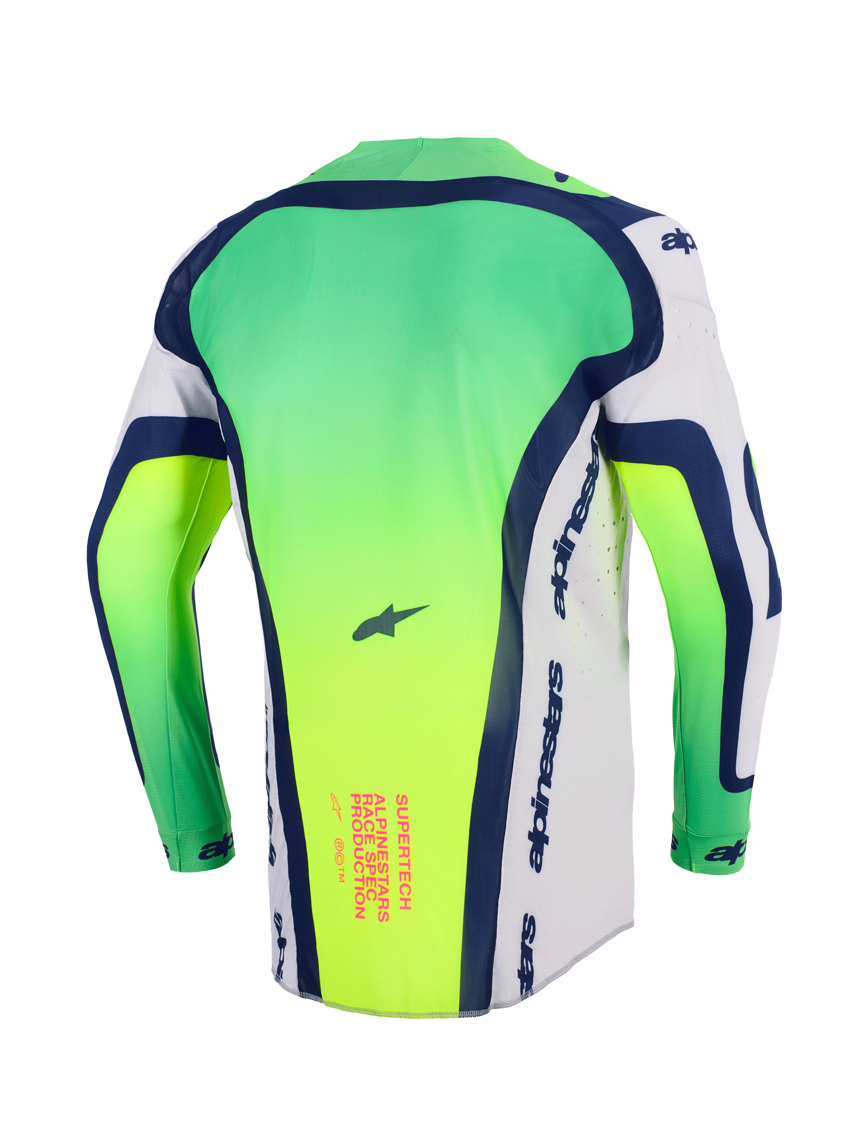 Alpinestars 2026 Supertech Vista trøje, motocross-trøje, neongrøn, hvid og navyblå, set bagfra med forlænget rygstykke, laserskårne perforeringer i siderne, lyserød tekstgrafik nederst på ryggen, professionelt letvægts-racerudstyr