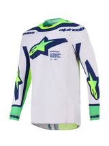 Alpinestars 2026 Supertech Vista trøje, motocross-trøje, lysegrå med gul fluo og blå, med et markant Alpinestars-logo på brystet, 'Race Spec'-branding, laser-skåret ventilation og en atletisk race-klar pasform til motocross-præstationer.