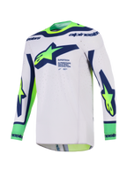 Alpinestars 2026 Supertech Vista Jersey, motocross jersey, lysegrå med blå og gul fluo, med stort Alpinestars-logo på brystet, laserskårne ventilationshuller og sømløs konstruktion til terrænkørsel