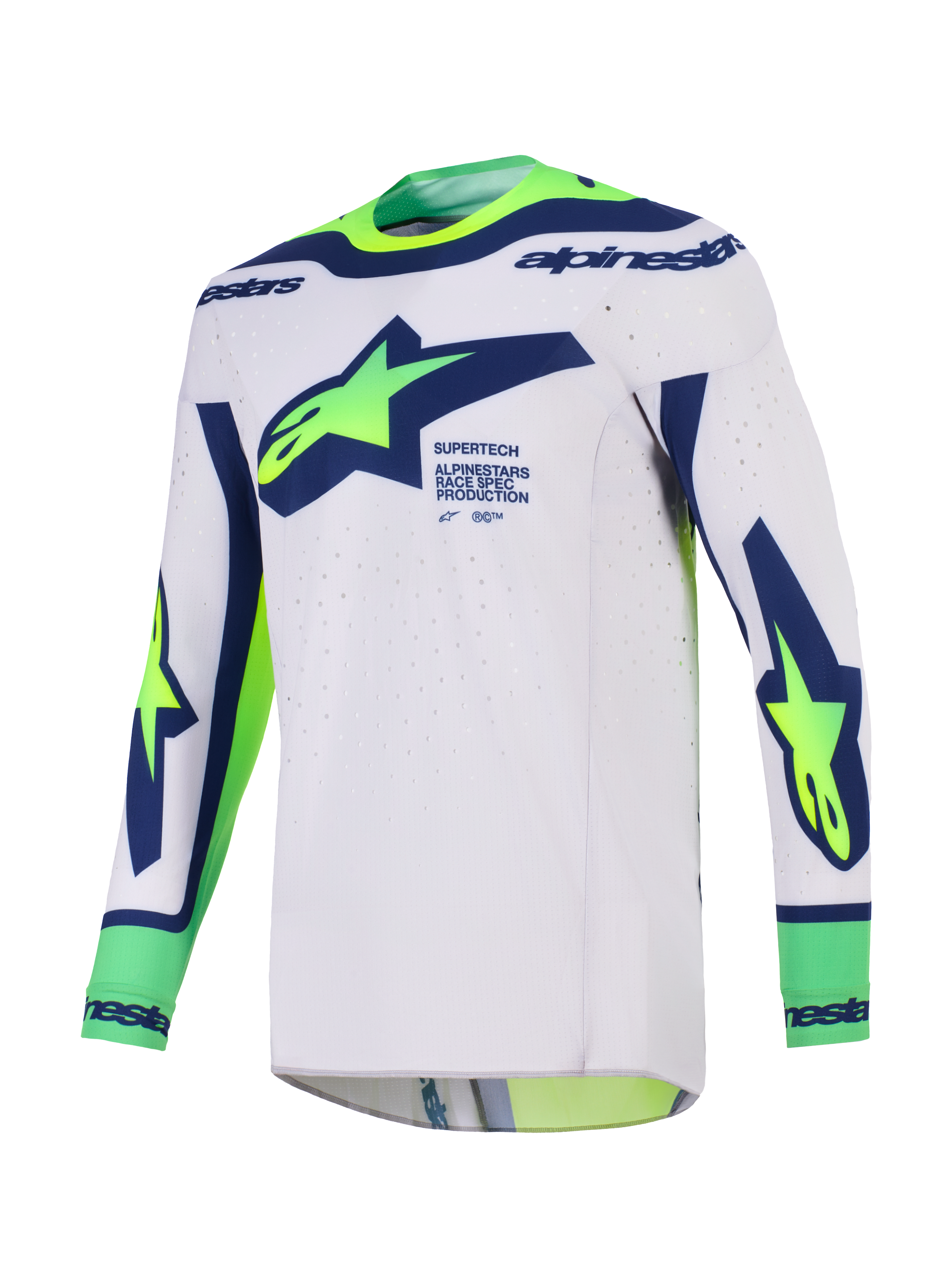 Alpinestars 2026 Supertech Vista Jersey, motocross jersey, lysegrå med blå og gul fluo, med stort Alpinestars-logo på brystet, laserskårne ventilationshuller og sømløs konstruktion til terrænkørsel