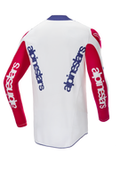 Alpinestars Limited Edition Techstar Fortitude trøje, set bagfra, motocross-trøje, hvid med røde ærmer og blå krave, med blå og hvid Alpinestars-branding, højtydende racerudstyr