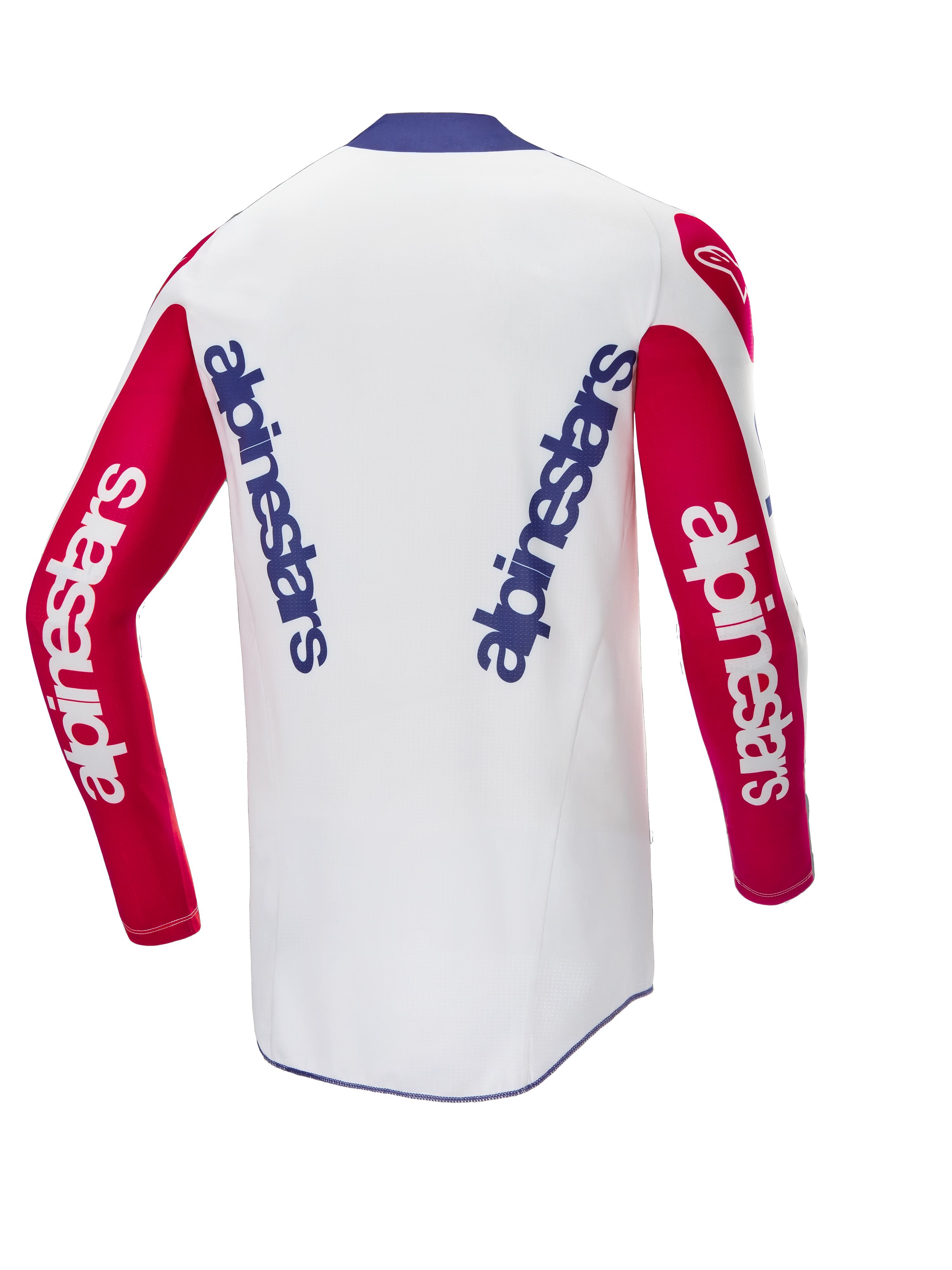 Alpinestars Limited Edition Techstar Fortitude trøje, set bagfra, motocross-trøje, hvid med røde ærmer og blå krave, med blå og hvid Alpinestars-branding, højtydende racerudstyr