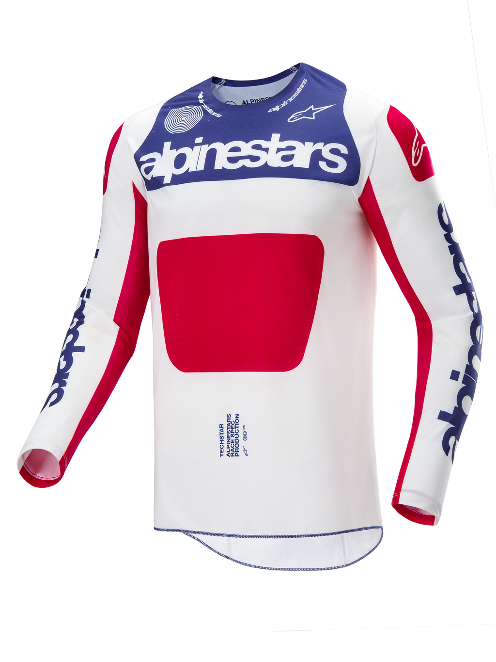 Alpinestars Limited Edition Techstar Fortitude Jersey, motocross-trøje, rød, hvid og blå, med hvid krop, et stort rødt midterpanel, blåt brystparti med hvidt Alpinestars-logo og blå logoer på ærmerne, designet til høj ydeevne ved terrænkørsel