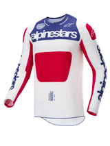 Alpinestars Limited Edition Techstar Fortitude Jersey, motocross-trøje, rød, hvid og blå, med hvid krop, et stort rødt midterpanel, blåt brystparti med hvidt Alpinestars-logo og blå logoer på ærmerne, designet til høj ydeevne ved terrænkørsel