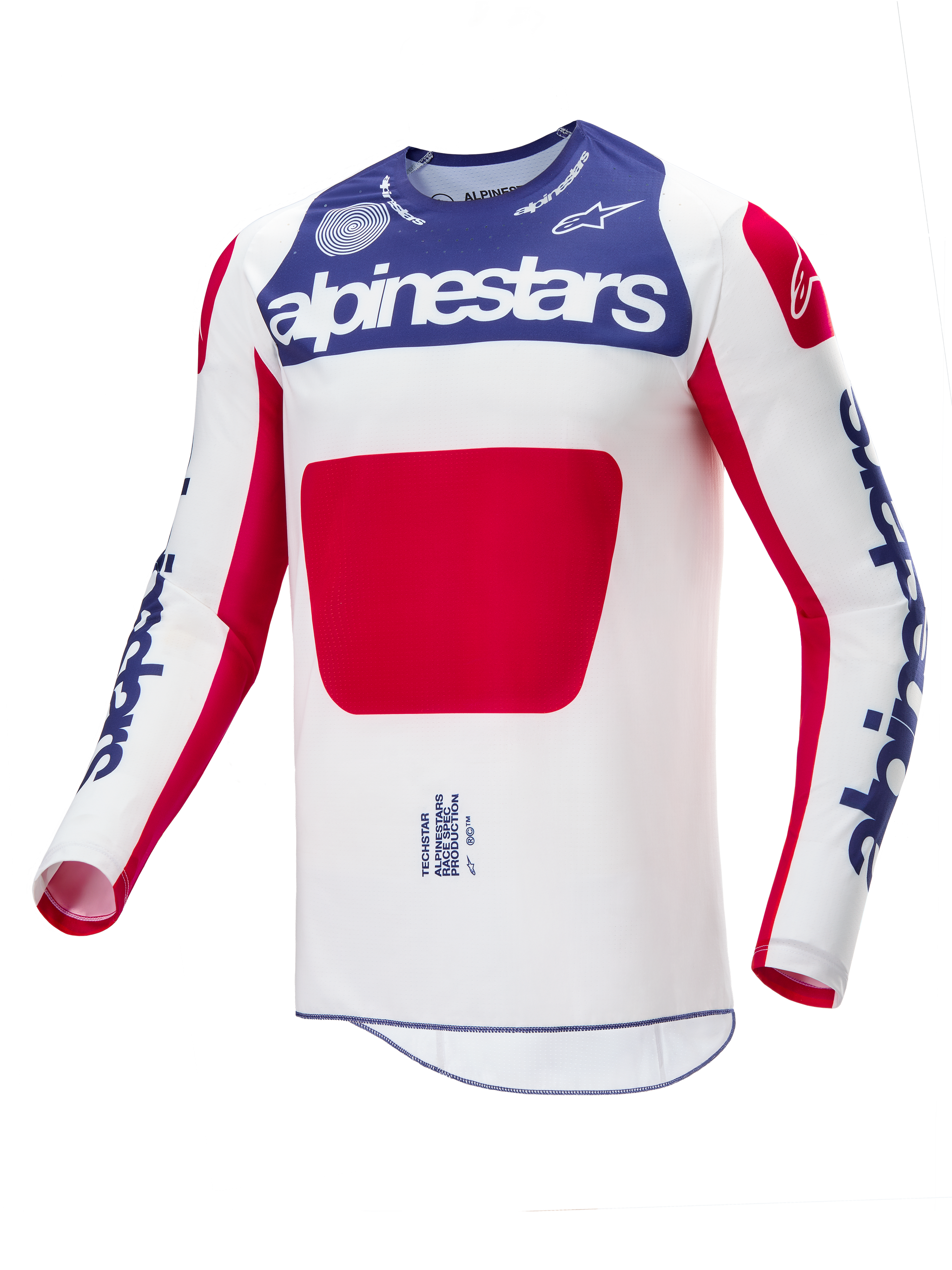 Alpinestars Limited Edition Techstar Fortitude Jersey, motocross-trøje, rød, hvid og blå, med hvid krop, et stort rødt midterpanel, blåt brystparti med hvidt Alpinestars-logo og blå logoer på ærmerne, designet til høj ydeevne ved terrænkørsel
