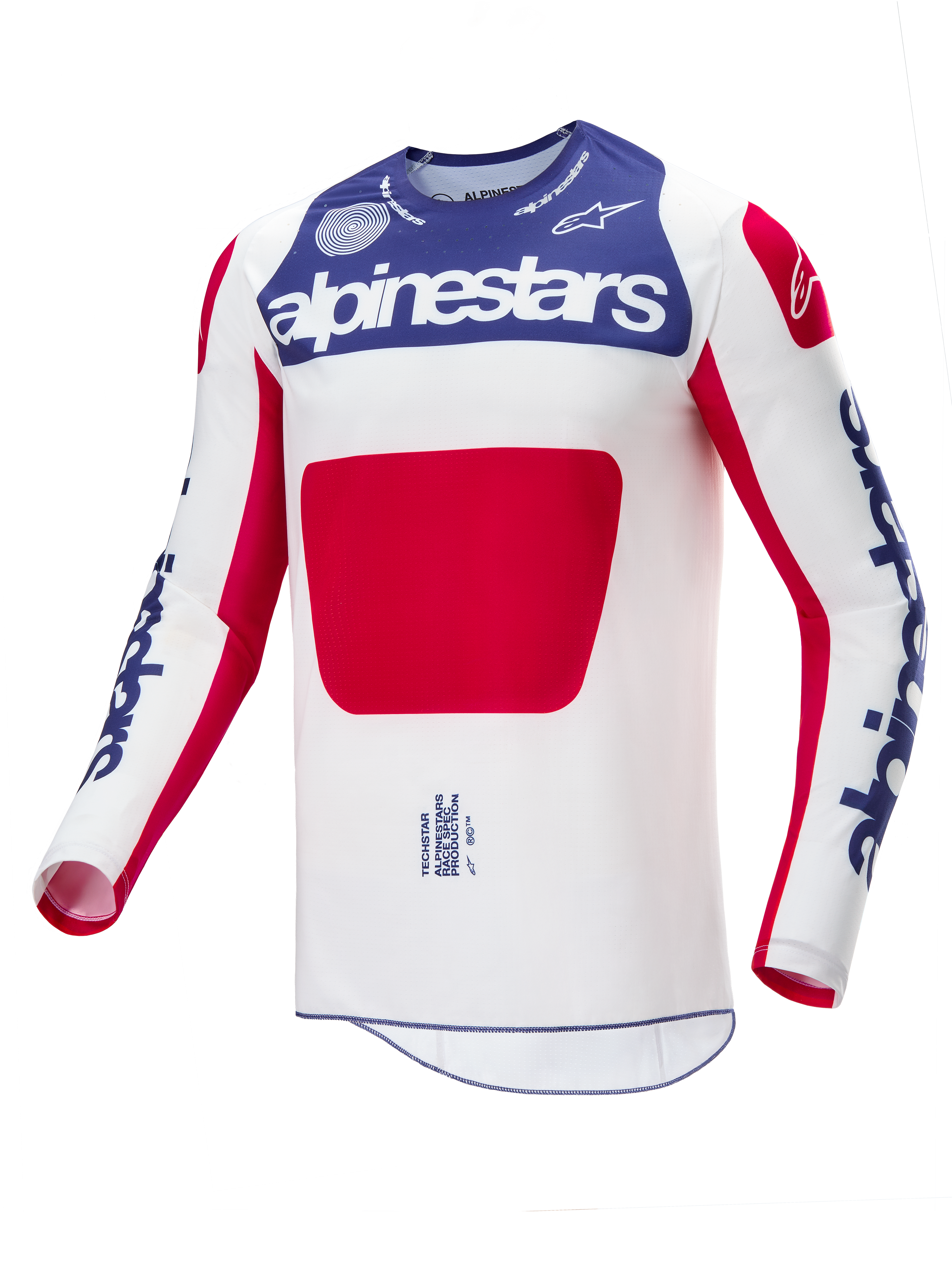 Alpinestars Limited Edition Techstar Fortitude Jersey, motocross-trøje, rød, hvid og blå, med hvid krop, et stort rødt midterpanel, blåt brystparti med hvidt Alpinestars-logo og blå logoer på ærmerne, designet til høj ydeevne ved terrænkørsel