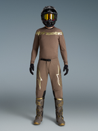Alpinestars Begrænset Udgave Supertech Air Gold trøje og bukser, herre-motocrossudstyr i brun og guld med perforeret mesh og racepasform.