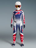 Alpinestars Begrænset Udgave Techstar Unity Komplet-Sæt, herre-motocrossracerdragt i hvid, blå og rød grafik.
