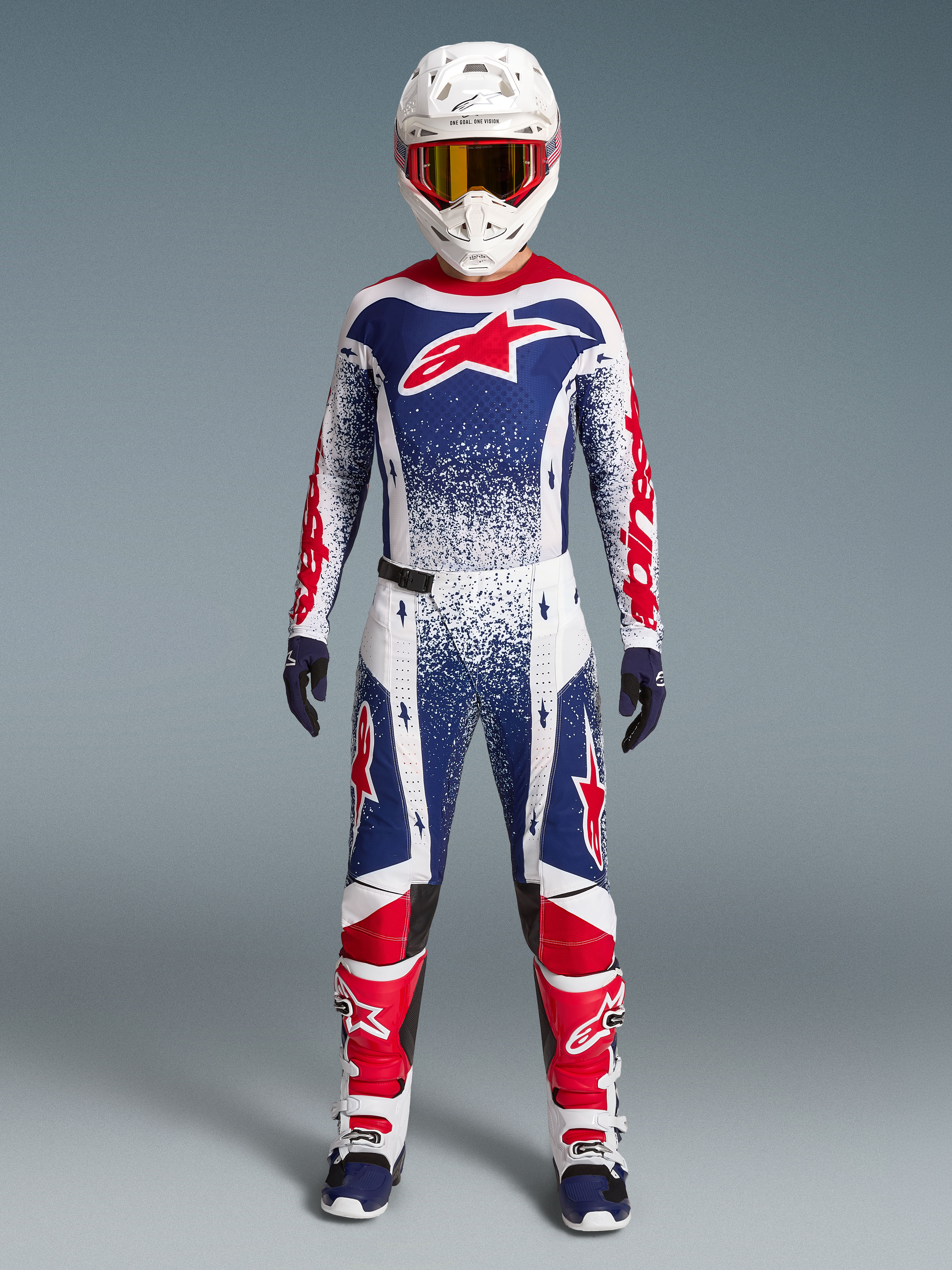 Alpinestars Limited Edition Techstar Unity Jersey, Motocross Gear Set, Red, White, and Blue with speckled racing graphics.