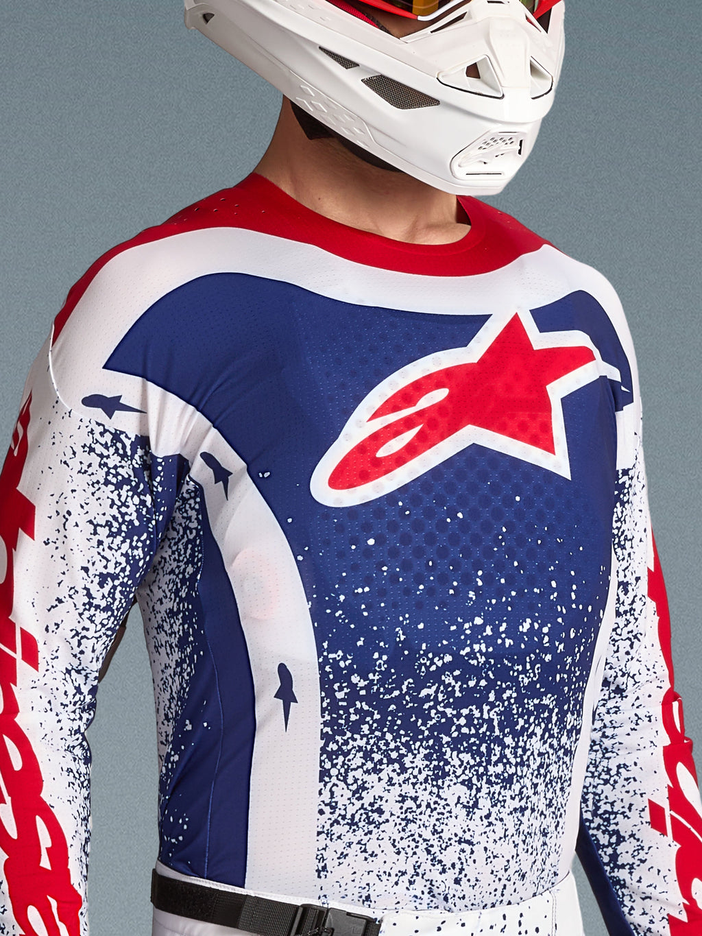Alpinestars Limited Edition Techstar Unity trøje til herre, blå og hvid motocrosstrøje med rødt stjernelogo.