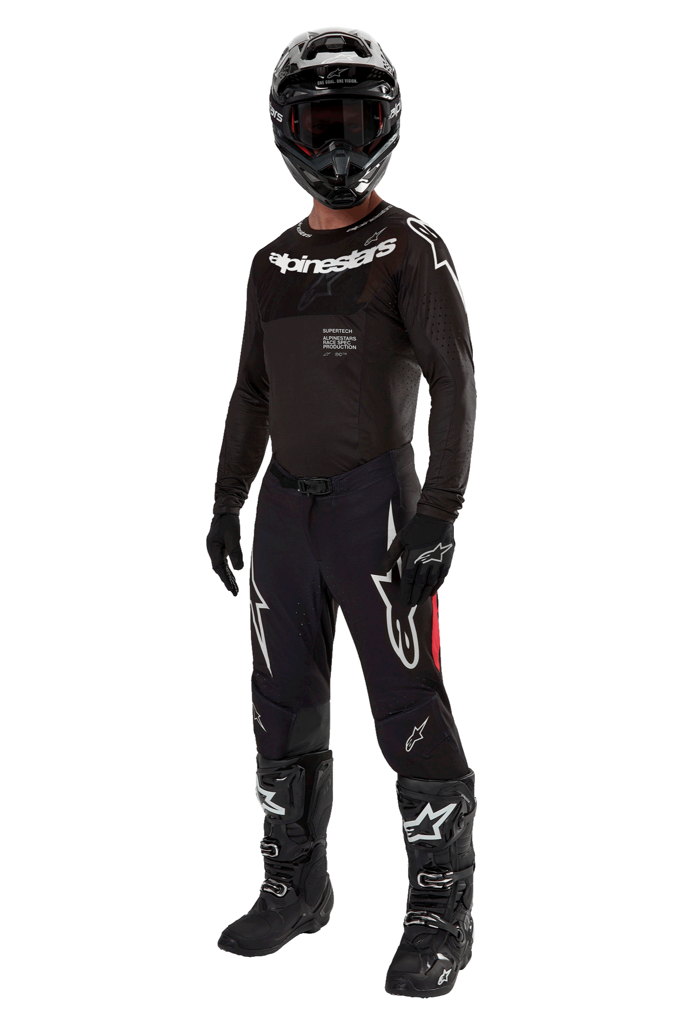 Motocross rider wearing complete racing gear, 2024 Supertech Ward Jersey in Black Red Berry, black jersey with white Alpinestars branding, black pants with red side panels and large white Astars logos, black helmet, gloves, and boots, coordinated pro-level outfit for off-road racing