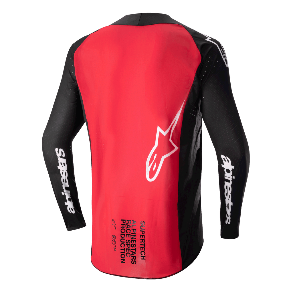 Alpinestars 2024 Supertech Ward Jersey, Motocross Jersey, Black and Red Berry, back view showing a large red back panel, black mesh sleeves with white Alpinestars branding, white star logo, and Supertech Race Spec text at the lower back.