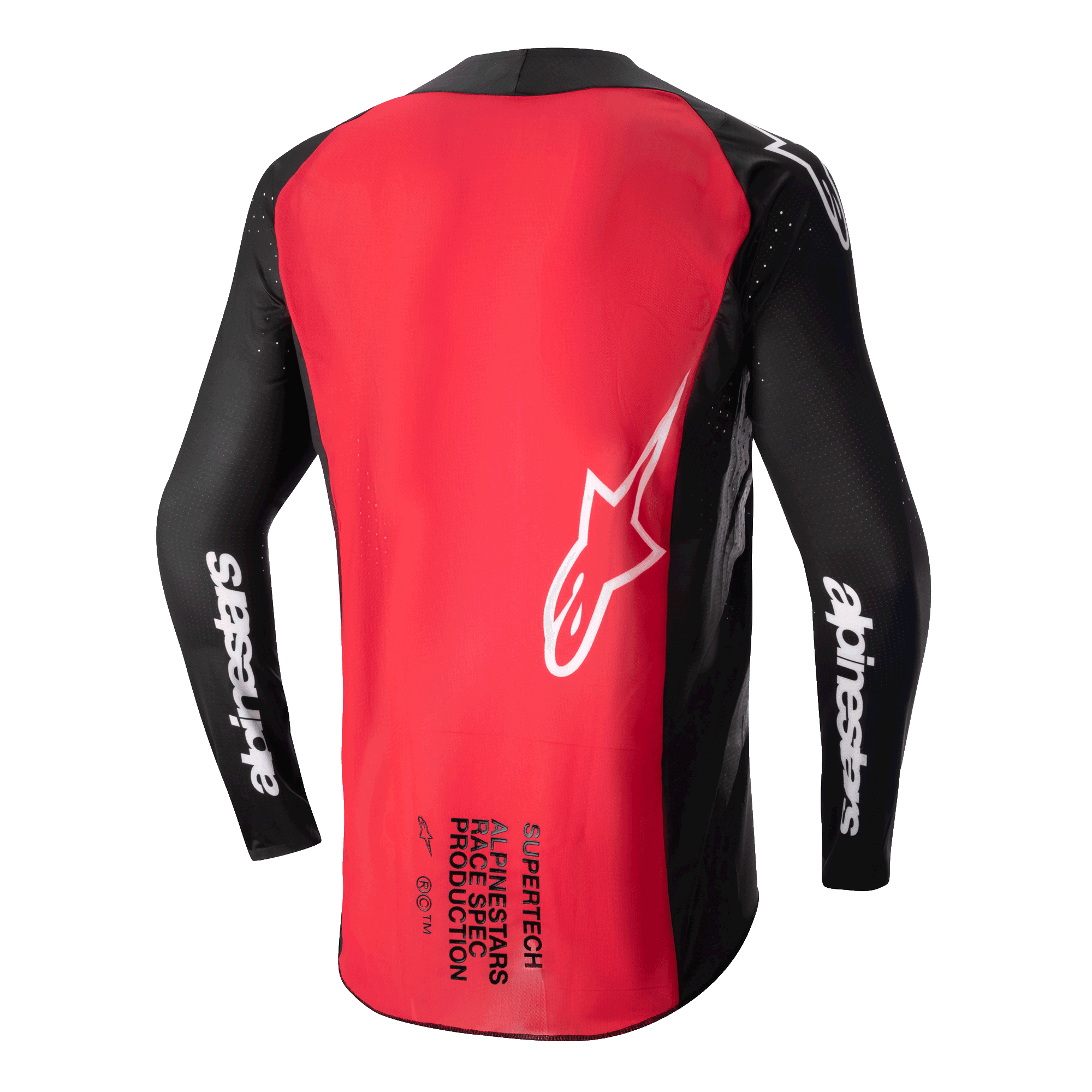 Alpinestars 2024 Supertech Ward Jersey, Motocross Jersey, Black and Red Berry, back view showing a large red back panel, black mesh sleeves with white Alpinestars branding, white star logo, and Supertech Race Spec text at the lower back.