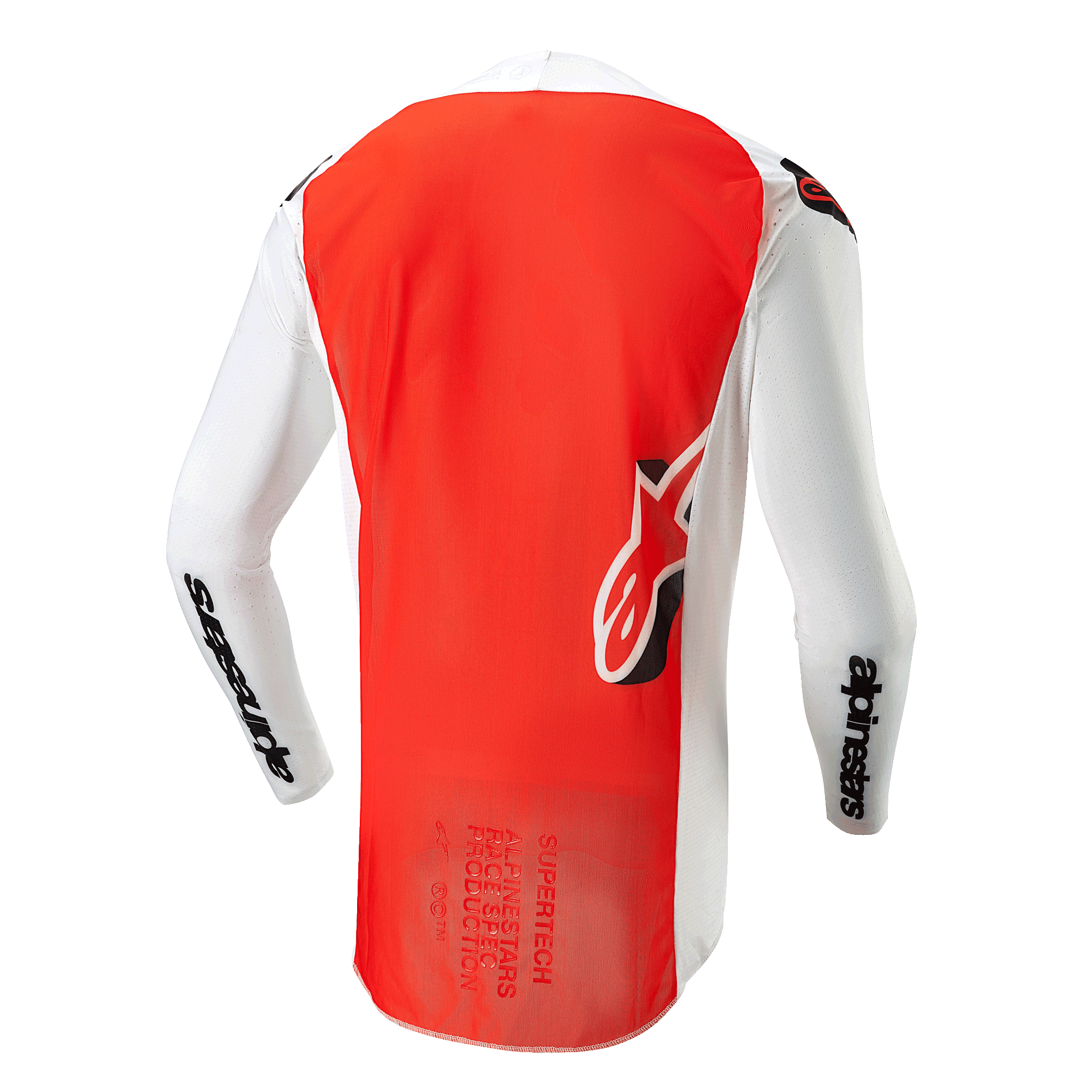 Alpinestars 2024 Supertech Ward trøje, set bagfra, White Hot Orange, stort orange midterpanel, hvide ærmer og sidepaneler med sort Alpinestars-branding, Astar-logo nederst på ryggen, professionel mesh-konstruktion til motocross.