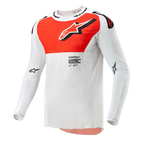 Alpinestars 2024 Supertech Ward trøje, motocross-trøje, hvid og Hot Orange, langærmet teknisk overdel med stor orange brystgrafik, stjernelogo og åndbar perforeret konstruktion til off-road racing.