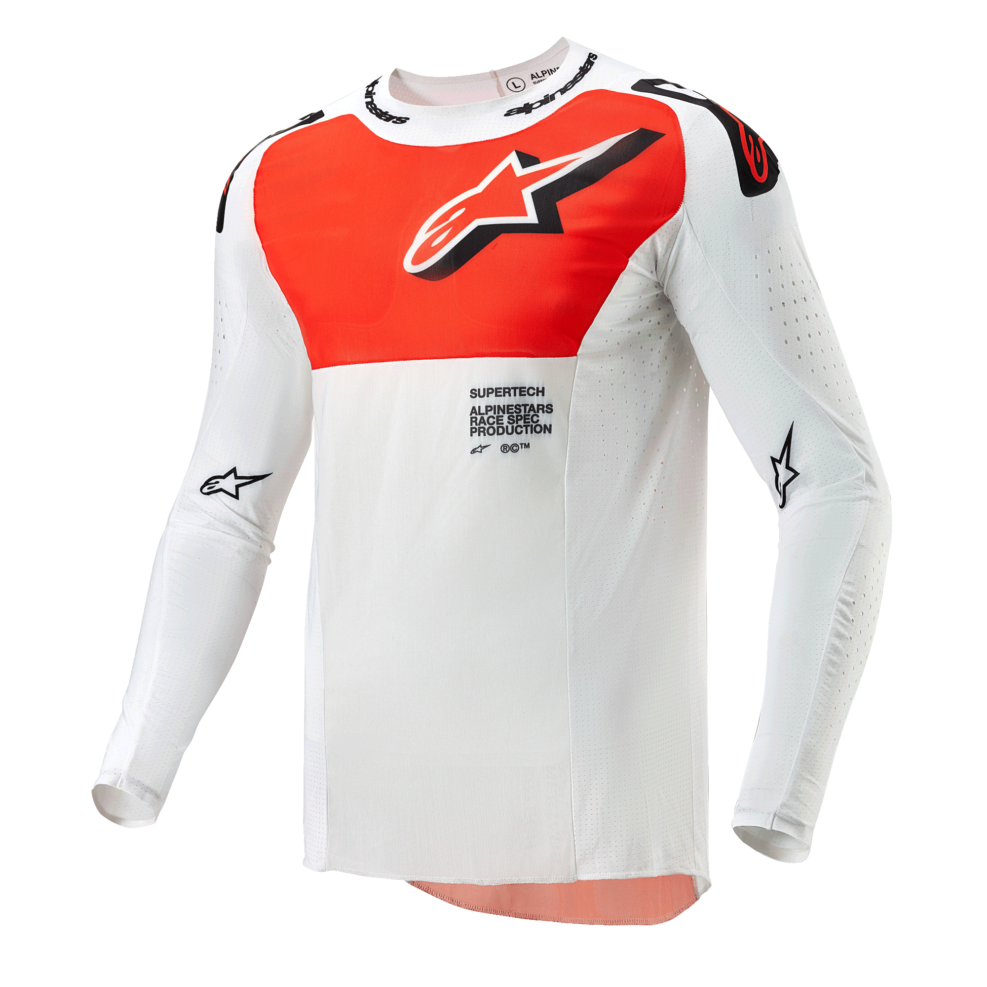 Alpinestars 2024 Supertech Ward trøje, motocross-trøje, hvid og Hot Orange, langærmet teknisk overdel med stor orange brystgrafik, stjernelogo og åndbar perforeret konstruktion til off-road racing.