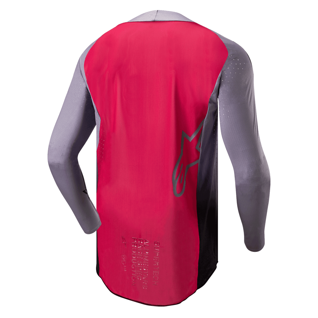 Alpinestars 2024 Supertech Dade trøje, motocross-trøje, Iron Red Berry og grå, set bagfra med åndbar mesh-konstruktion, kontur af Alpinestars stjernelogo og professionel race-spec branding