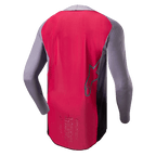 Alpinestars 2024 Supertech Dade trøje, motocross-trøje, Iron Red Berry og grå, set bagfra med åndbar mesh-konstruktion, kontur af Alpinestars stjernelogo og professionel race-spec branding
