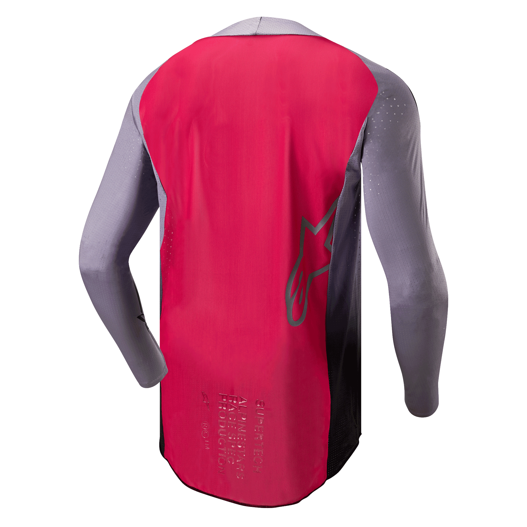 Alpinestars 2024 Supertech Dade trøje, motocross-trøje, Iron Red Berry og grå, set bagfra med åndbar mesh-konstruktion, kontur af Alpinestars stjernelogo og professionel race-spec branding