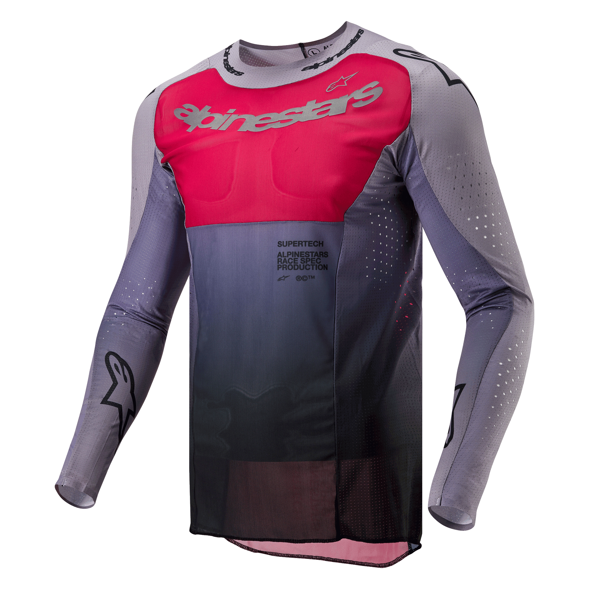 Alpinestars 2024 Supertech Dade trøje, motocross-trøje, Iron Red Berry og grå, med et markant rødt brystpanel med sølvfarvet branding, mørkegrå farveovergang ved taljen, laserskårne perforeringer på ærmerne og siderne og et atletisk race fit-design.