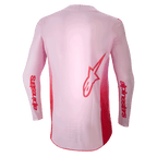 Alpinestars 2024 Supertech Dade Jersey, motocross-trøje, Red Berry Lilac, set bagfra med et stort rødt Astar-logo på ryggen og rød Alpinestars-branding på ærmerne, letvægts stretch-mesh-konstruktion med et forlænget rygpanel til terrænkørsel.