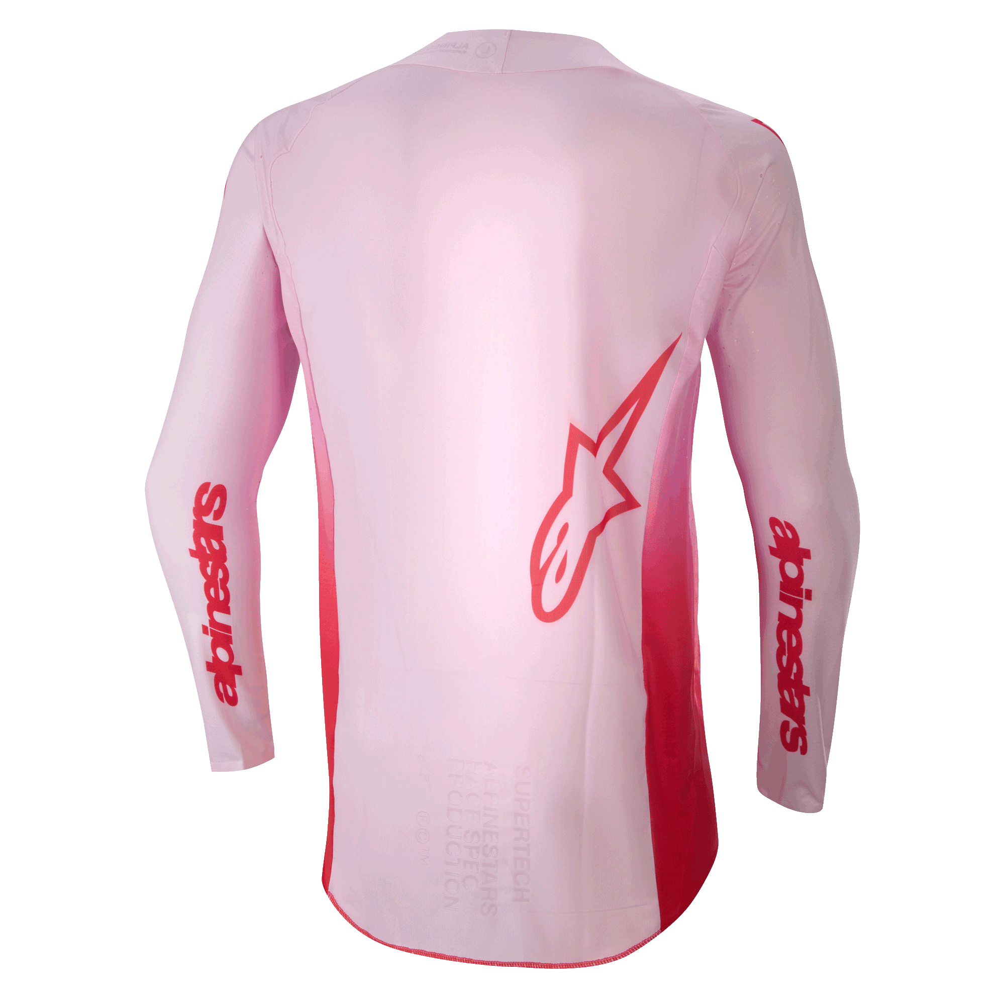 Alpinestars 2024 Supertech Dade Jersey, motocross-trøje, Red Berry Lilac, set bagfra med et stort rødt Astar-logo på ryggen og rød Alpinestars-branding på ærmerne, letvægts stretch-mesh-konstruktion med et forlænget rygpanel til terrænkørsel.