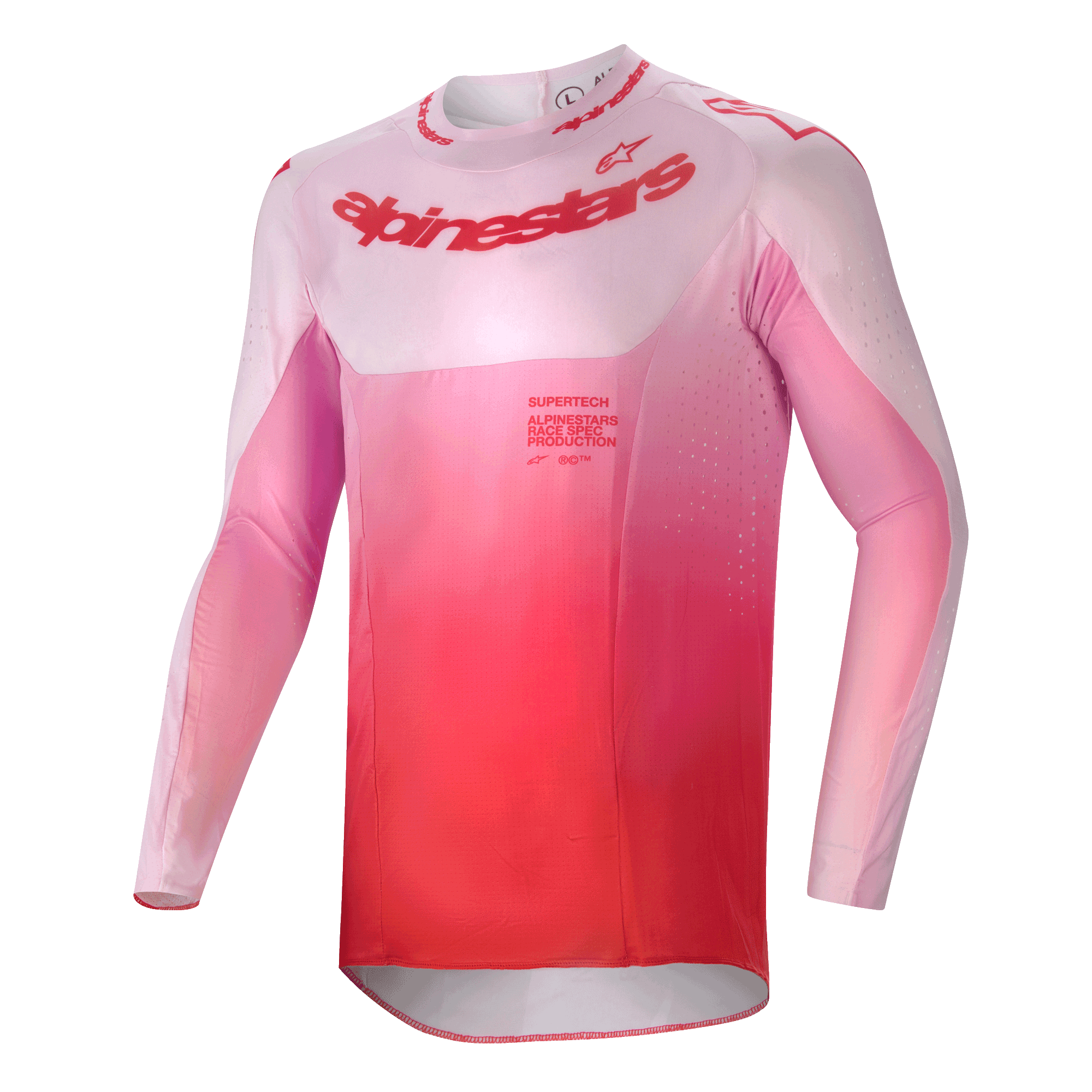 Alpinestars 2024 Supertech Dade trøje, motocross trøje, Red Berry Lilac, med pink til rød farveovergang, langærmet atletisk pasform med laserskårne ventilationshuller og markant branding på brystet, performance-udstyr til terrænkørsel