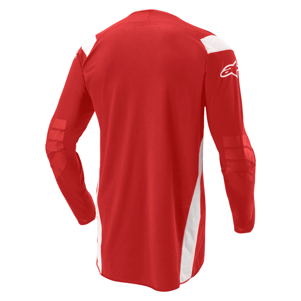 Alpinestars Techdura trøje, motocross- og endurotrøje, klar rød med hvide paneler, set bagfra med forlænget ryg og forstærkede albuer, hvidt Alpinestars-logo på ærmet, slidstærkt off-road udstyr