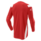 Alpinestars Techdura trøje, motocross- og endurotrøje, klar rød med hvide paneler, set bagfra med forlænget ryg og forstærkede albuer, hvidt Alpinestars-logo på ærmet, slidstærkt off-road udstyr