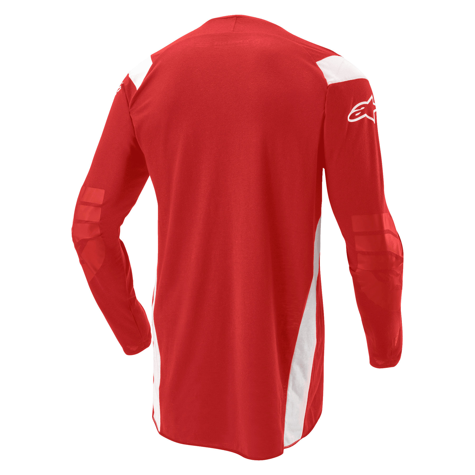 Alpinestars Techdura trøje, motocross- og endurotrøje, klar rød med hvide paneler, set bagfra med forlænget ryg og forstærkede albuer, hvidt Alpinestars-logo på ærmet, slidstærkt off-road udstyr