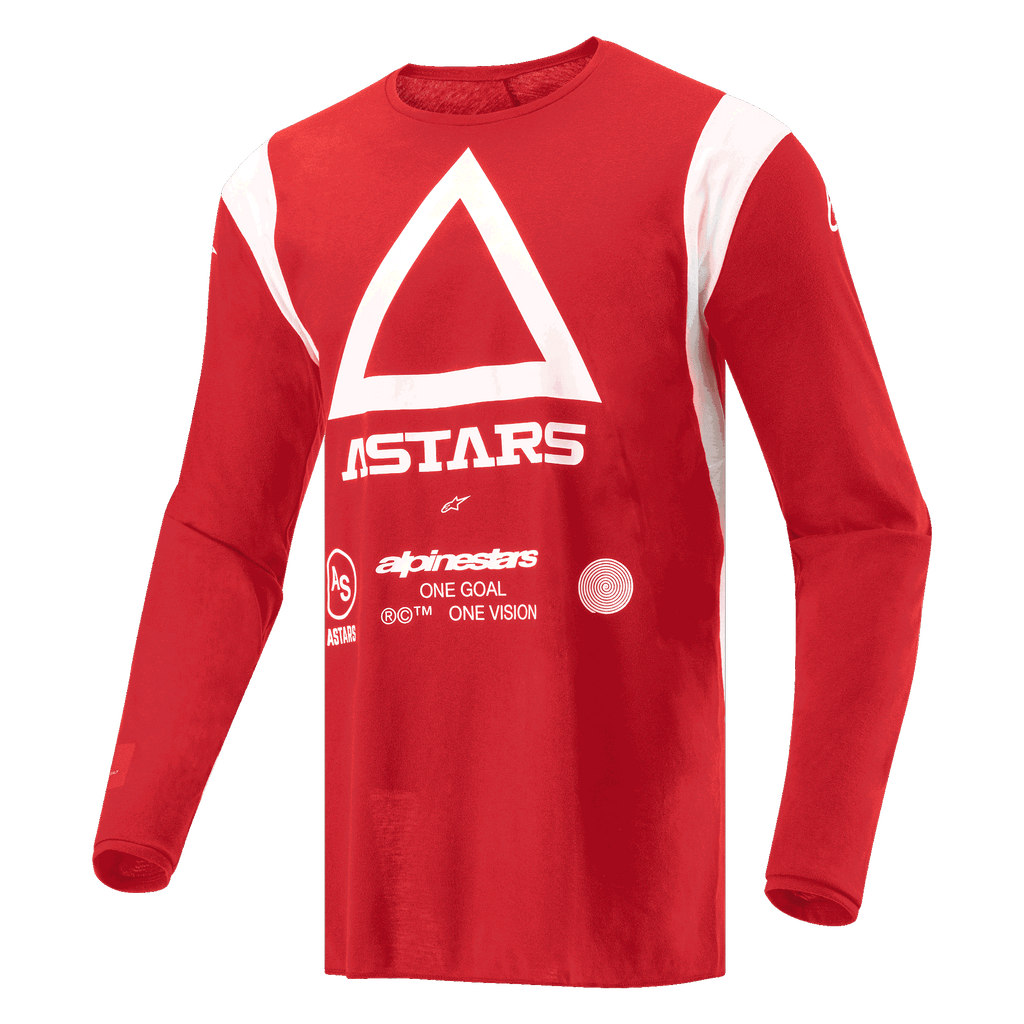 Alpinestars Techdura trøje, motocross- og enduro-trøje, klar rød med hvid trekant og ASTARS-branding på brystet, langærmet fugttransporterende poly-stof til off-road kørsel