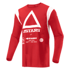 Alpinestars Techdura trøje, motocross- og enduro-trøje, klar rød med hvid trekant og ASTARS-branding på brystet, langærmet fugttransporterende poly-stof til off-road kørsel