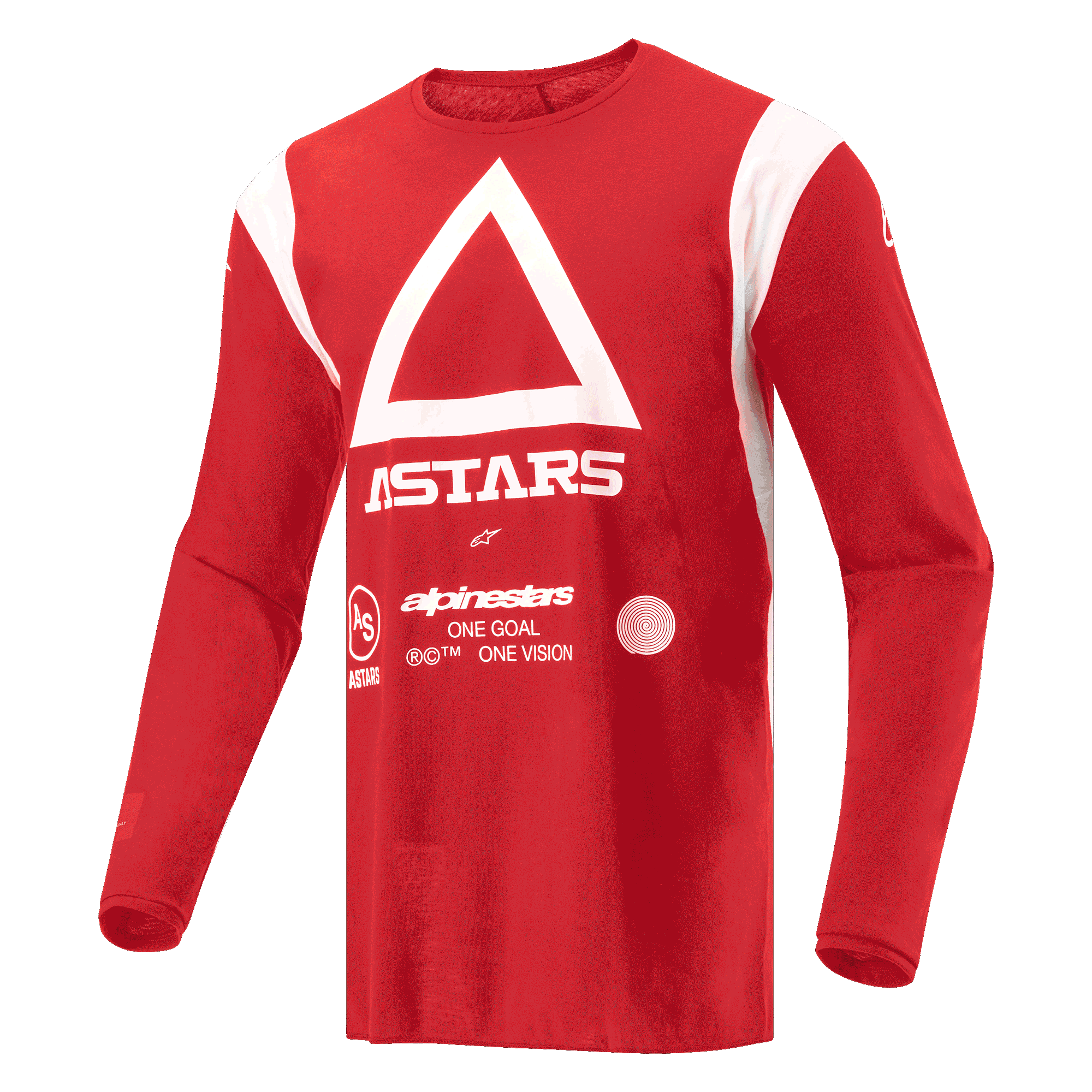 Alpinestars Techdura trøje, motocross- og enduro-trøje, klar rød med hvid trekant og ASTARS-branding på brystet, langærmet fugttransporterende poly-stof til off-road kørsel