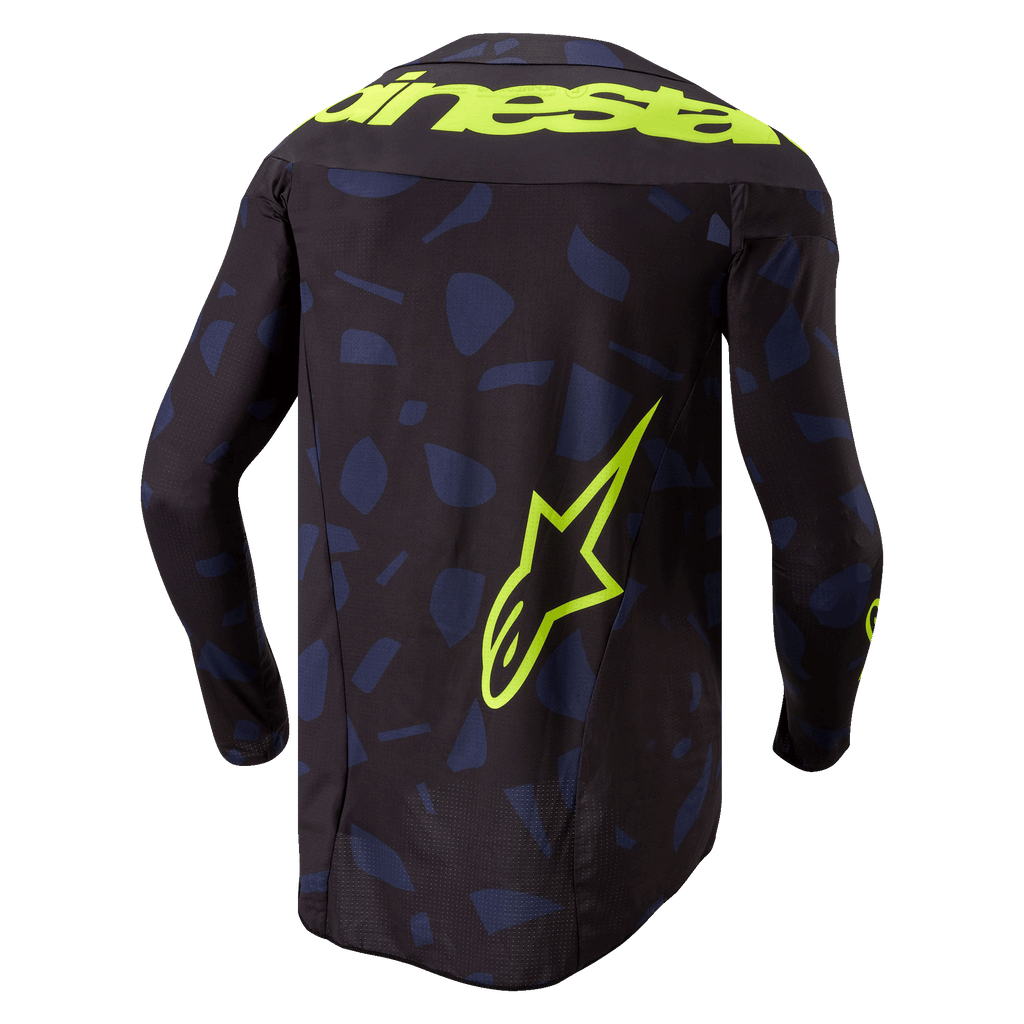 Alpinestars 2024 Techstar Rantera Jersey, motocross-trøje, sort, navy og gul fluo, set bagfra, med et navyblåt geometrisk mønster på en sort baggrund, markant gul fluo Alpinestars-tekst over skuldrene og et stort stjernelogo nederst på ryggen, teknisk langærmet udstyr til off-road racing