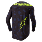 Alpinestars 2024 Techstar Rantera Jersey, motocross-trøje, sort, navy og gul fluo, set bagfra, med et navyblåt geometrisk mønster på en sort baggrund, markant gul fluo Alpinestars-tekst over skuldrene og et stort stjernelogo nederst på ryggen, teknisk langærmet udstyr til off-road racing