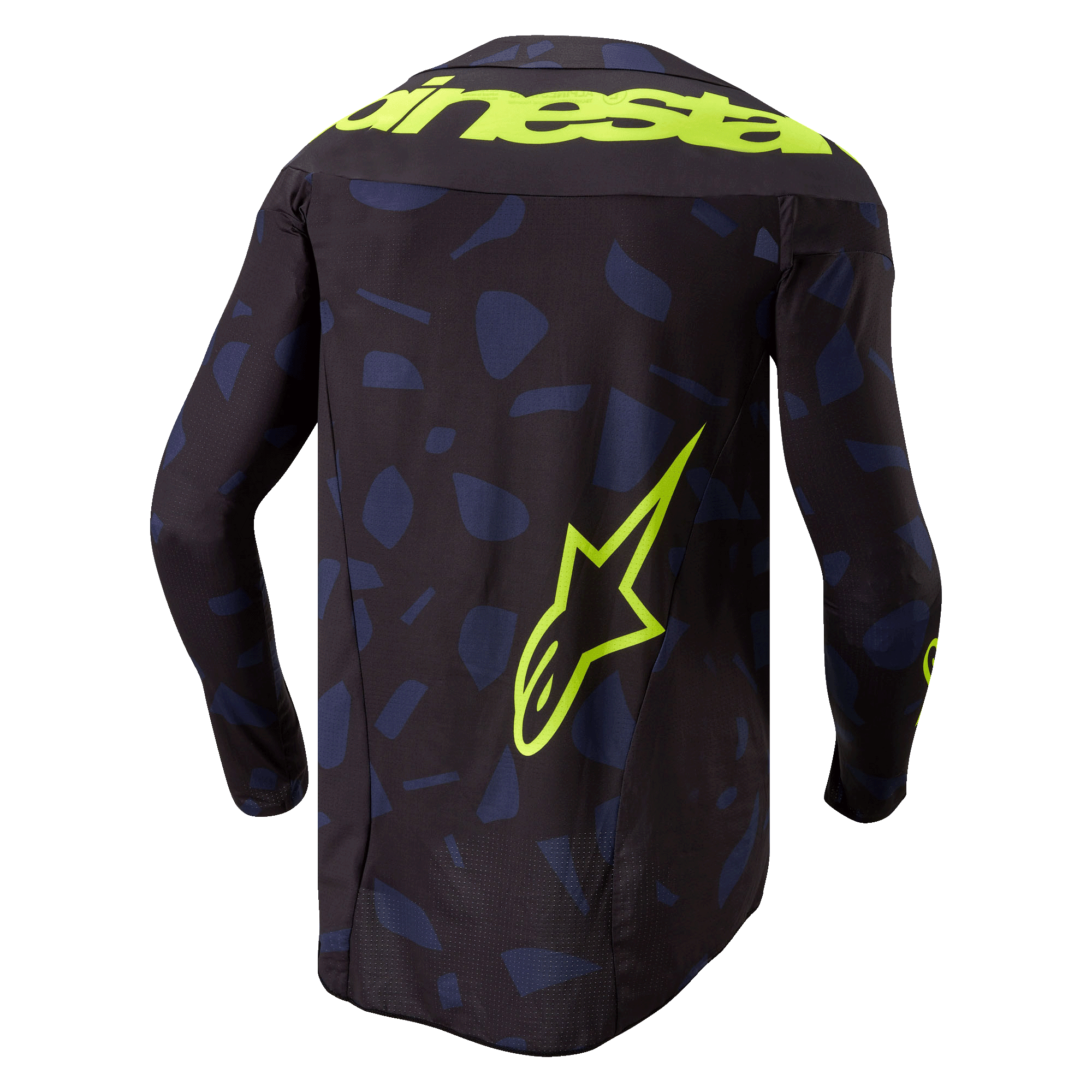 Alpinestars 2024 Techstar Rantera Jersey, motocross-trøje, sort, navy og gul fluo, set bagfra, med et navyblåt geometrisk mønster på en sort baggrund, markant gul fluo Alpinestars-tekst over skuldrene og et stort stjernelogo nederst på ryggen, teknisk langærmet udstyr til off-road racing