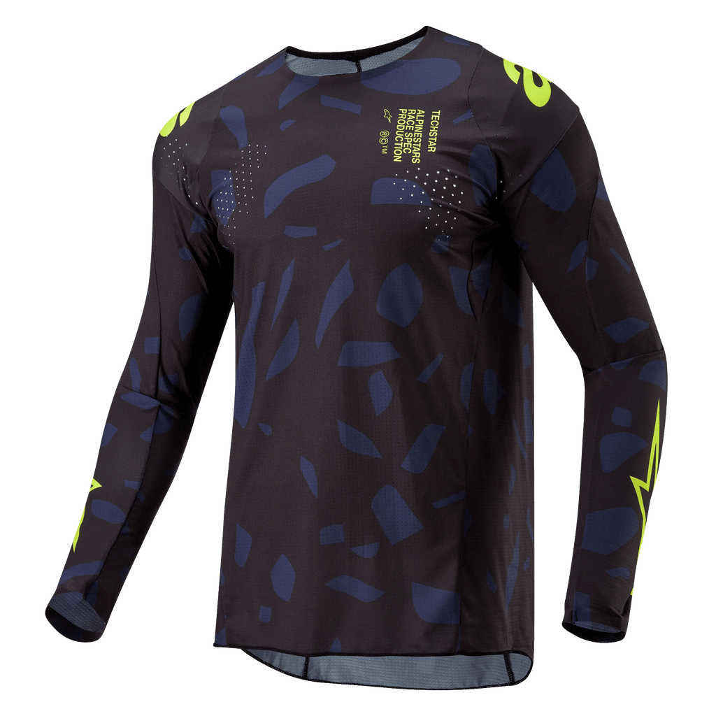 Alpinestars 2024 Techstar Rantera trøje, motocross trøje, sort, navy og fluoriserende gul, langærmet atletisk pasform med abstrakt mønster, neongule branding- og tekstdetaljer, designet til off-road præstationer