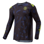 Alpinestars 2024 Techstar Rantera trøje, motocross trøje, sort, navy og fluoriserende gul, langærmet atletisk pasform med abstrakt mønster, neongule branding- og tekstdetaljer, designet til off-road præstationer