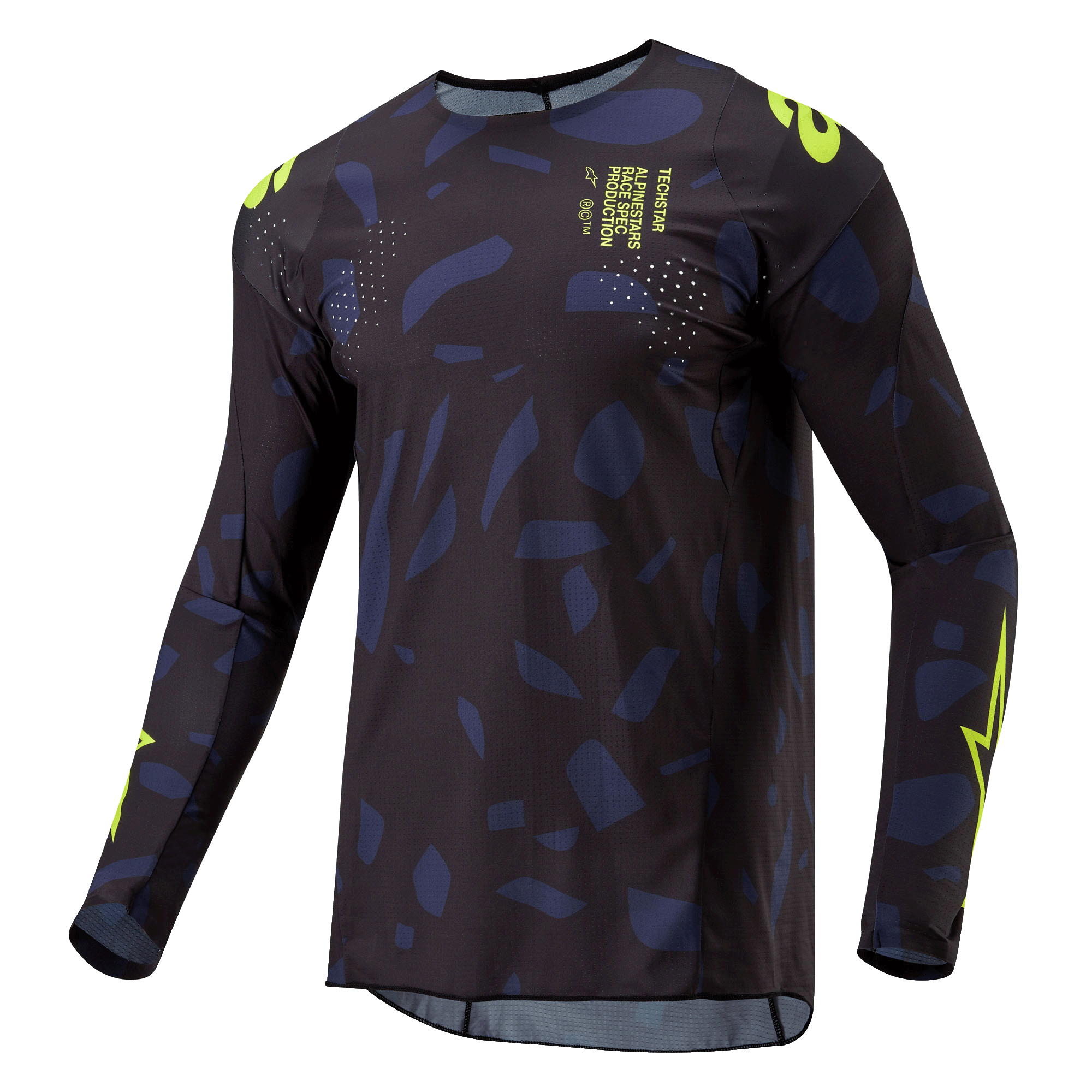 Alpinestars 2024 Techstar Rantera trøje, motocross trøje, sort, navy og fluoriserende gul, langærmet atletisk pasform med abstrakt mønster, neongule branding- og tekstdetaljer, designet til off-road præstationer