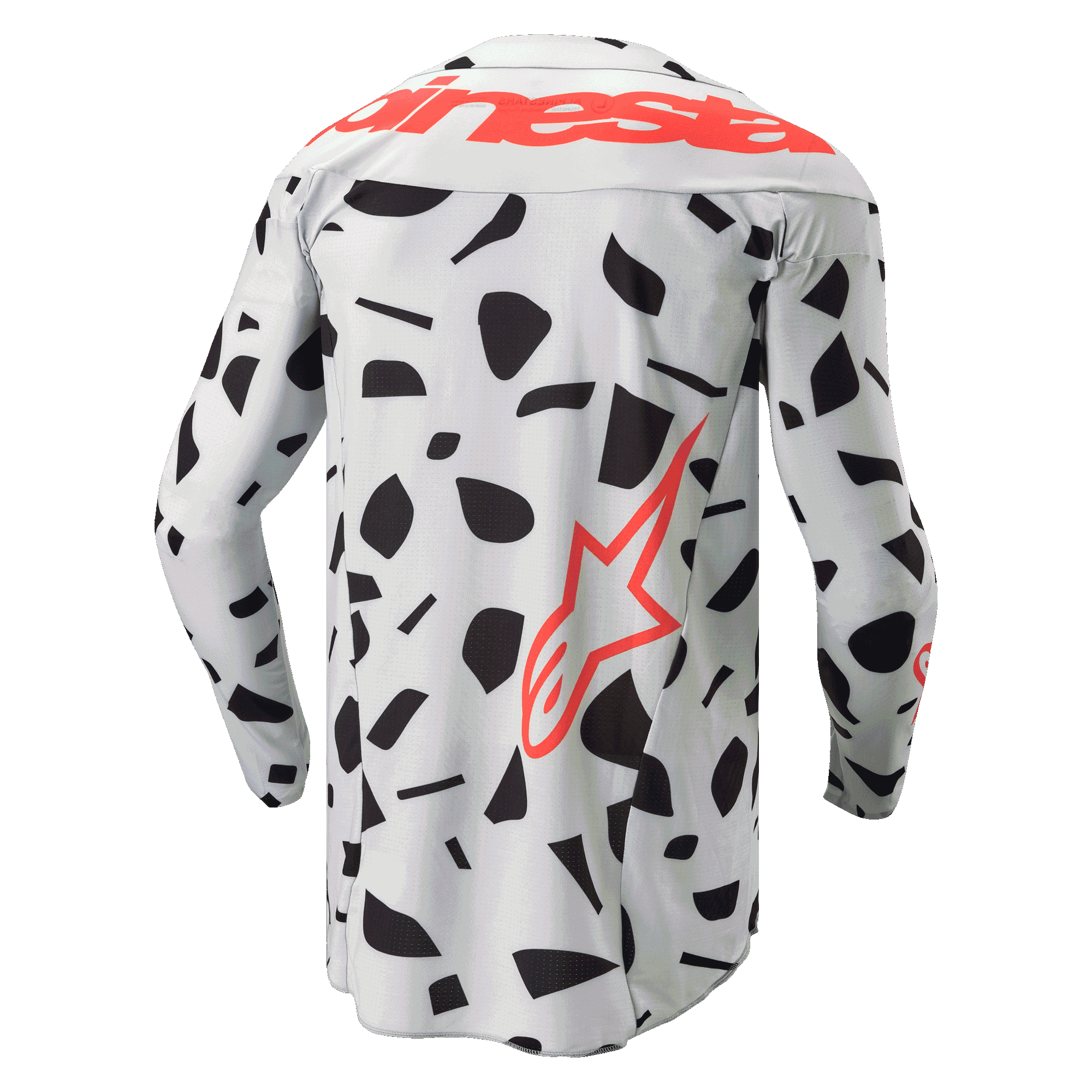 Alpinestars 2024 Techstar Rantera Jersey, set bagfra, langærmet motocross-trøje, Haze Gray Camo med sorte abstrakte mønstre, stort rødt Alpinestars-navnetræk over skuldrene og et rødt stjernelogo nederst på siden, designet til off-road-performance