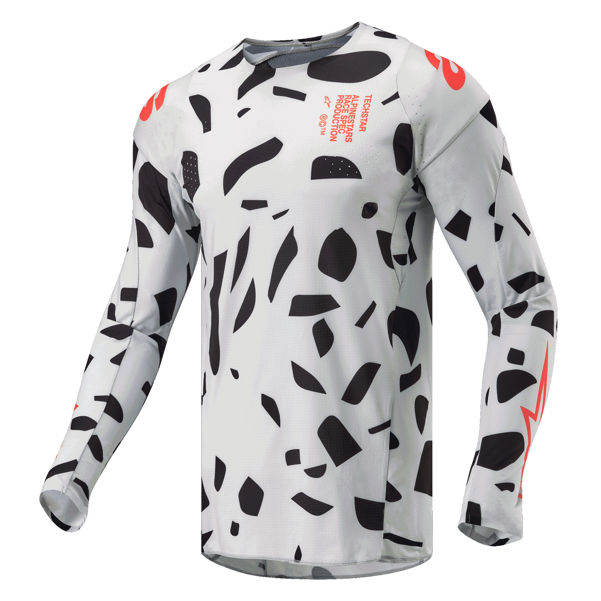 Alpinestars 2024 Techstar Rantera Jersey, motocross-trøje, Haze Gray Camo med sorte abstrakte former og orange detaljer, lange ærmer, teknisk off-road racerudstyr