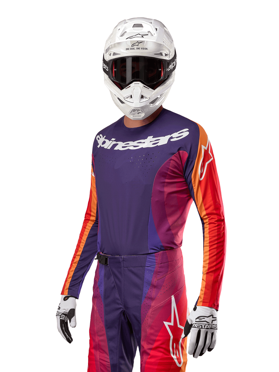 Alpinestars Techstar Pneuma trøje, motocross racingtrøje, lilla, rød, orange og blå farvedesign, hvid tekst på brystet, vist med matchende bukser og hvide handsker med sorte detaljer