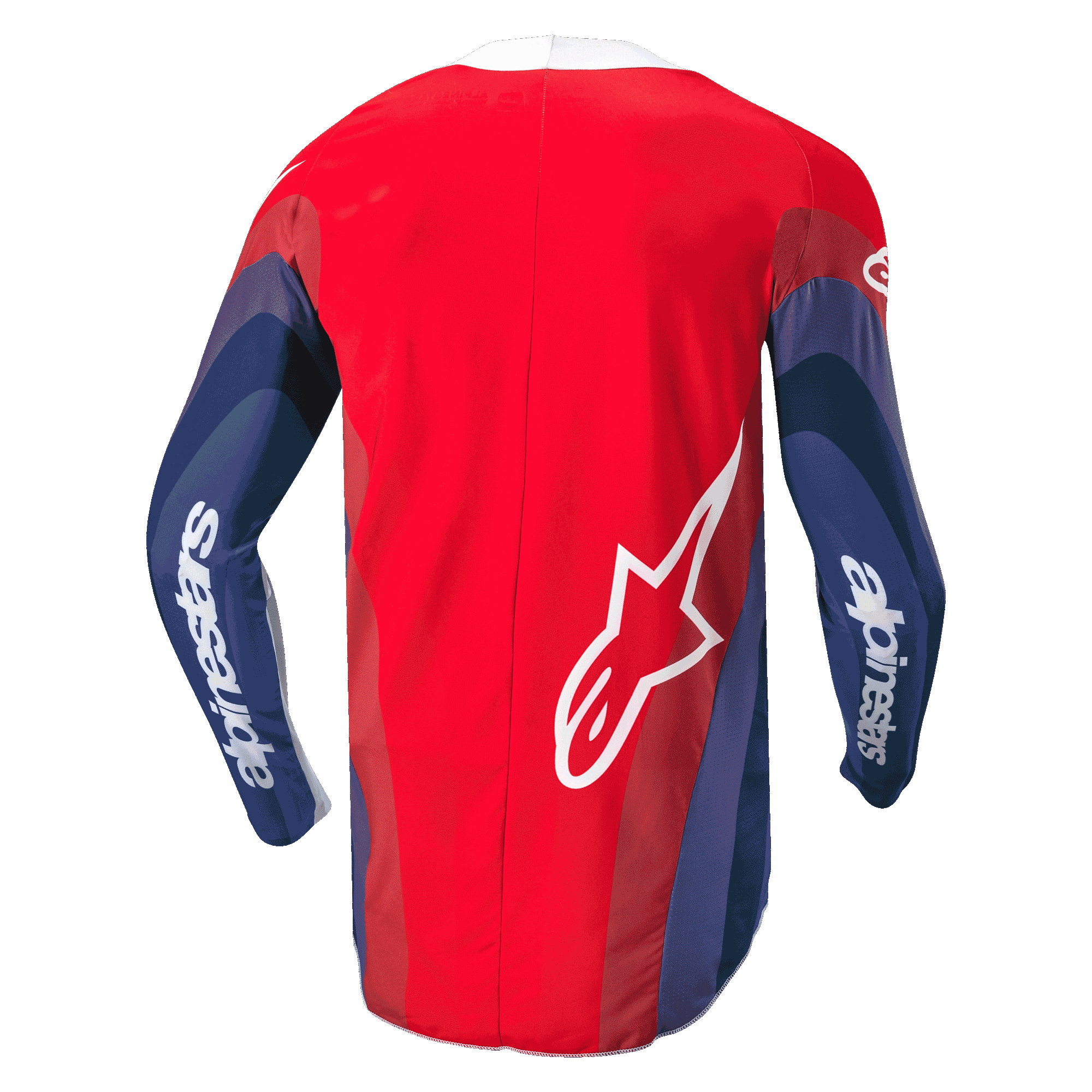 Alpinestars 2024 Techstar Pneuma trøje, motocross-trøje, rød, blå og hvid, set bagfra med bølgegrafik på ærmerne, hvidt Alpinestars-navnetræk på armene og Astar-logo nederst på ryggen, ergonomisk design til off-road kørsel