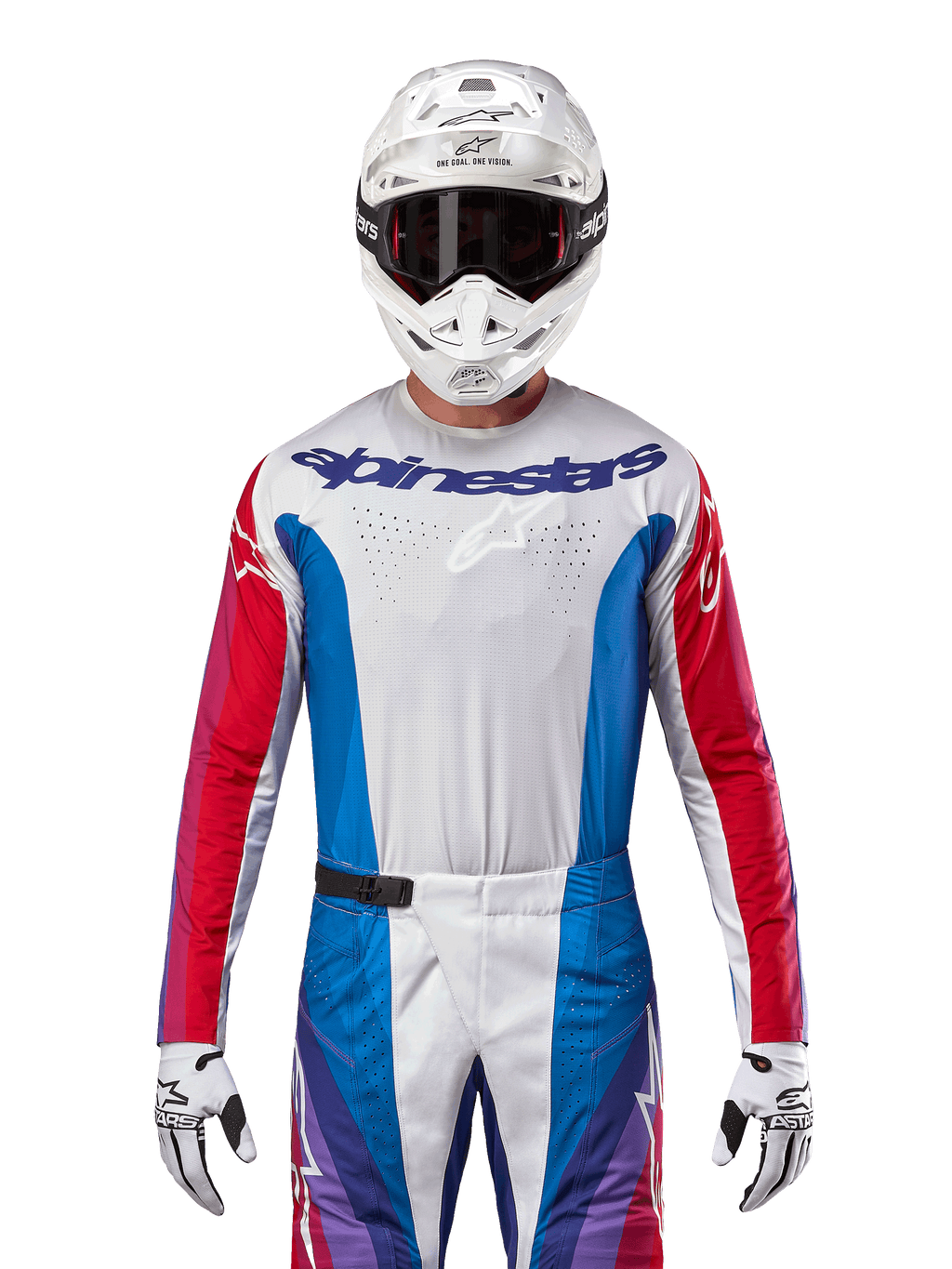 Alpinestars 2024 Techstar Pneuma trøje, motocross-trøje, blå, Mars Red og hvid, set forfra båret af en rytter med hvid hjelm og handsker, med laserskårne perforeringer på brystet og markant branding, atletisk racertøj til off-road