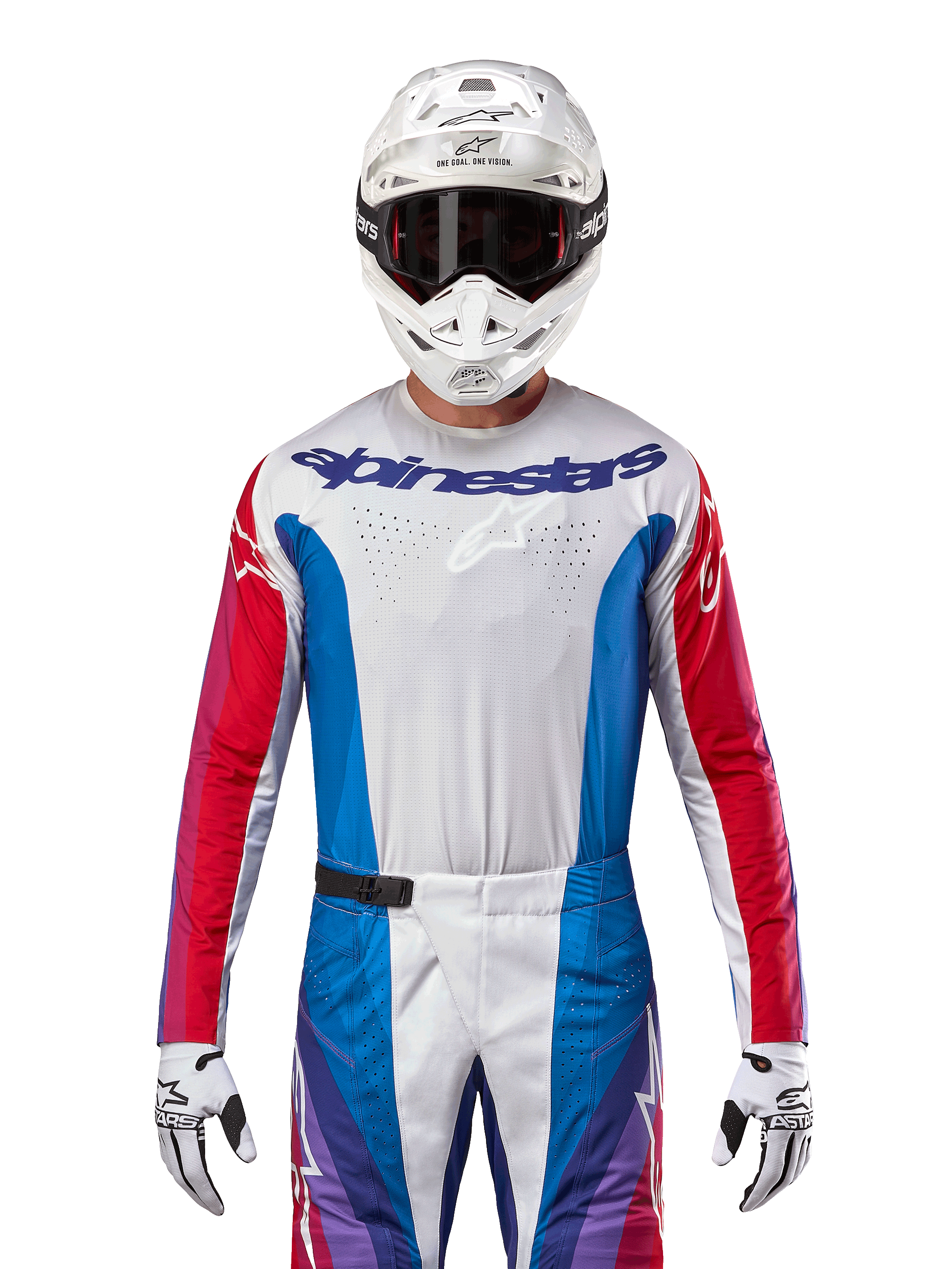 Alpinestars 2024 Techstar Pneuma trøje, motocross-trøje, blå, Mars Red og hvid, set forfra båret af en rytter med hvid hjelm og handsker, med laserskårne perforeringer på brystet og markant branding, atletisk racertøj til off-road