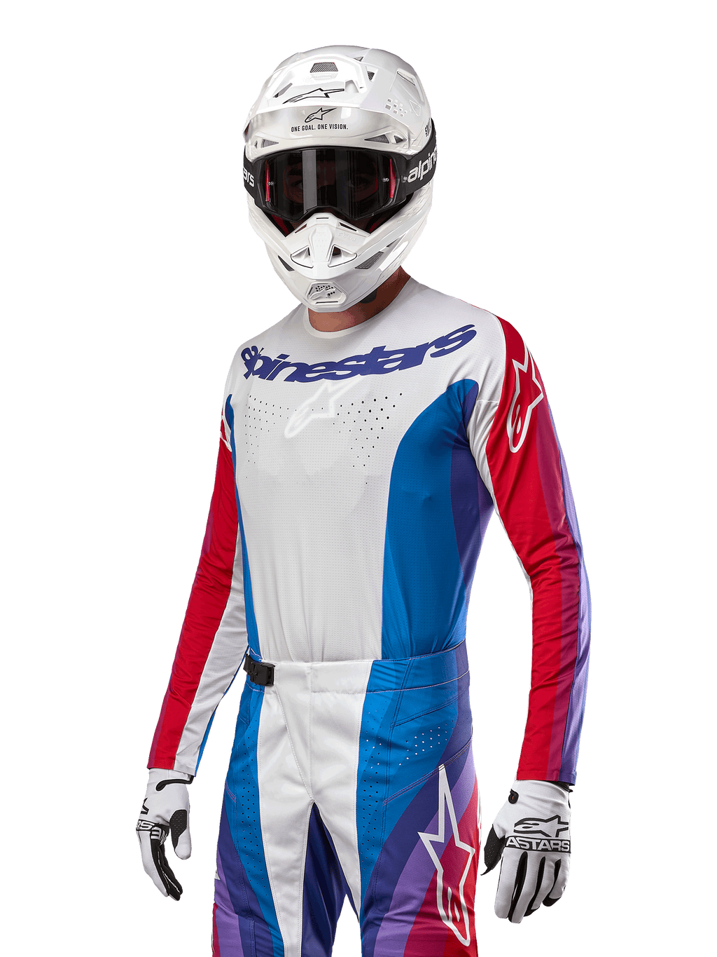 Alpinestars 2024 Techstar Pneuma trøje, motocross-trøje, blå, rød og hvid med lilla detaljer, atletisk racer-pasform, langærmet performance-udstyr båret med hvid hjelm og handsker