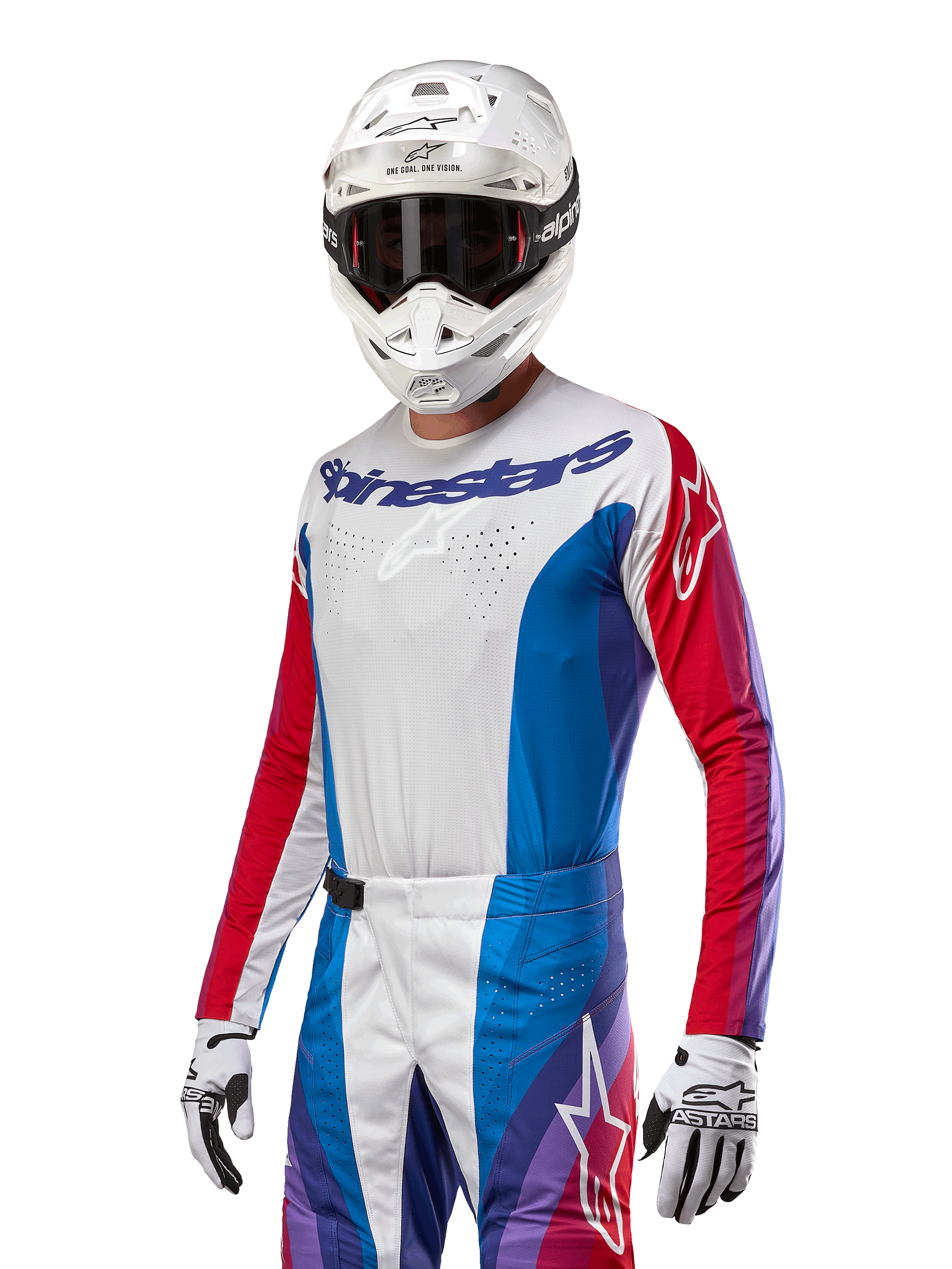 Alpinestars 2024 Techstar Pneuma trøje, motocross-trøje, blå, rød og hvid med lilla detaljer, atletisk racer-pasform, langærmet performance-udstyr båret med hvid hjelm og handsker
