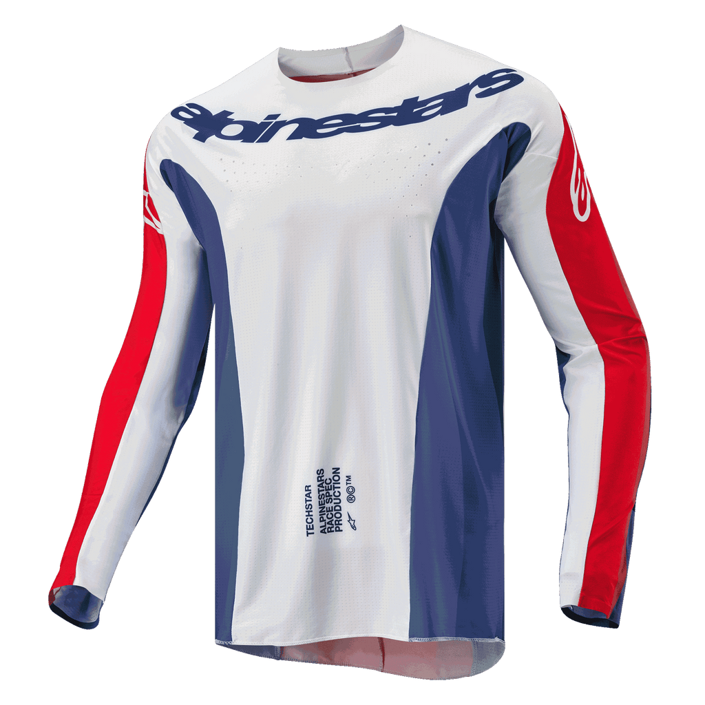 Alpinestars 2024 Techstar Pneuma trøje, motocross-trøje, blå, Mars Red og hvid, hvid hoveddel med blå sidepaneler og røde ærmedetaljer, Alpinestars-logo over brystet, letvægts atletisk pasform til off-road kørsel