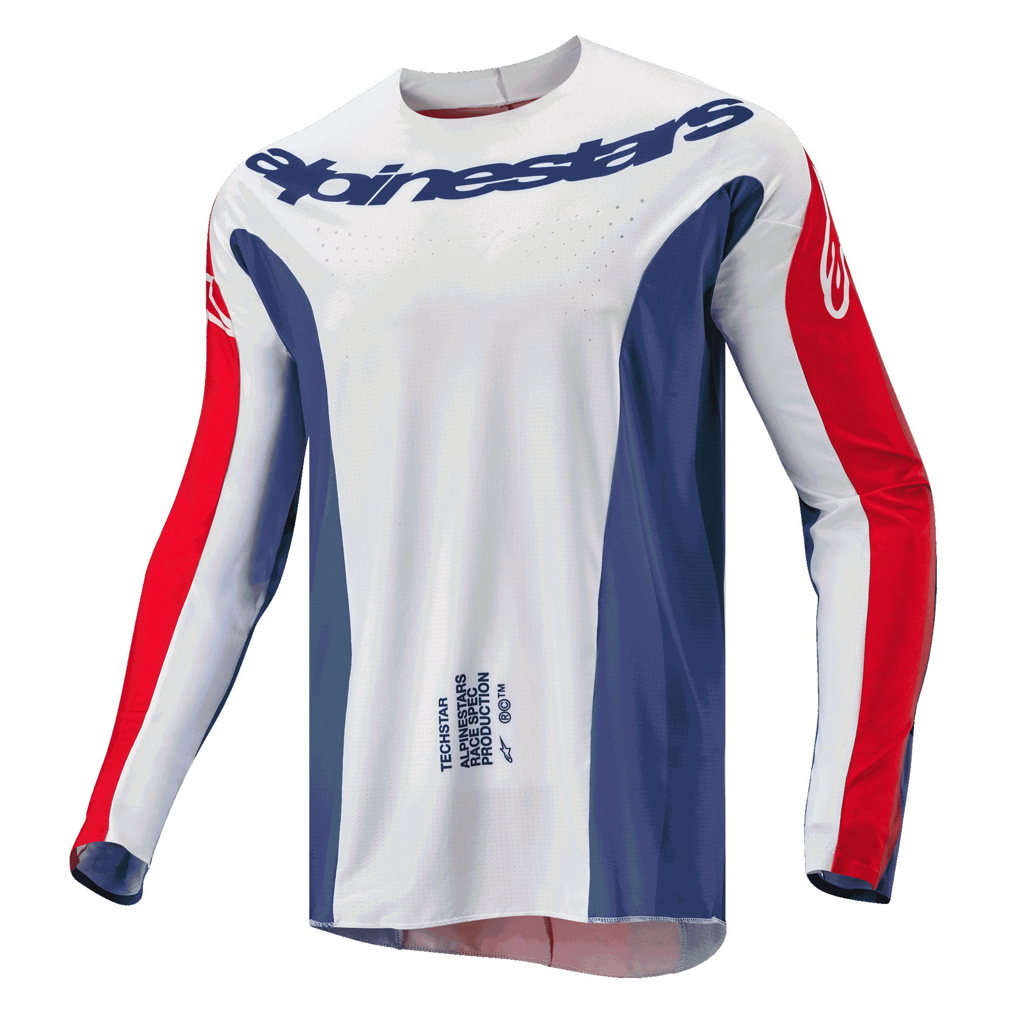 Alpinestars 2024 Techstar Pneuma trøje, motocross-trøje, blå, Mars Red og hvid, hvid hoveddel med blå sidepaneler og røde ærmedetaljer, Alpinestars-logo over brystet, letvægts atletisk pasform til off-road kørsel